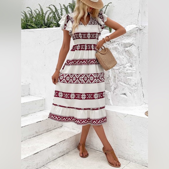 Printed V-Neck Smocked Flutter Sleeve Dress Cream - Picture 1 of 6